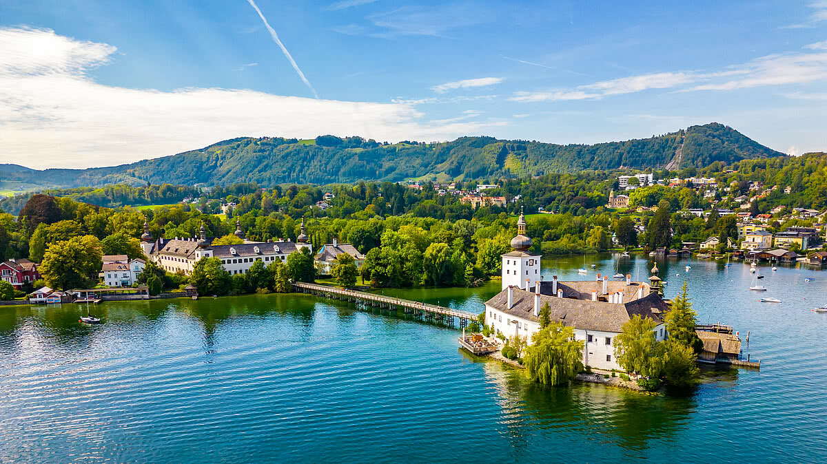 Schloss Ort (or Schloss Orth) is an Austrian castle situated in the Traunsee lake, in Gmunden. Aerial drone view.